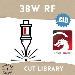 May include: A digital graphic featuring the text 38W RF and CUT LIBRARY with a black laser cutting icon emitting sparks. A blue starburst shape contains the text .CLB, and a red square icon displays a white dragon logo with the text LIGHTBURN.