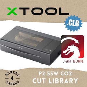 May include: A dark gray XTOOL P2 55W CO2 laser cutter with a transparent top. The image includes the text "XTOOL", ".CLB", "LIGHTBURN", and "MARKET 4 MAKERS". The laser cutter is designed for cutting and engraving.