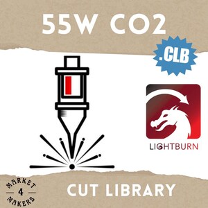 May include: A digital graphic for a 55W CO2 laser cut library featuring a black laser head icon with a red accent, a blue starburst badge labeled .CLB, and a red square icon with a white dragon logo and the text LIGHTBURN, plus MARKET 4 MAKERS text.