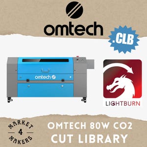 Puede incluir: Una cortadora láser CO2 Omtech 80W azul y gris con el logotipo de Lightburn. La máquina tiene un asa y ruedas. La imagen también incluye el texto "Cut Library" y el logotipo de Omtech.