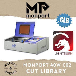 Puede incluir: Una cortadora láser Monport 40W CO2 gris con tapa y panel de control azules. La máquina tiene el logotipo de Monport y el logotipo de Lightburn. El texto dice "Cut Library" y ".CLB".