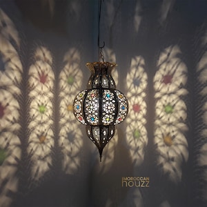 Attractive Small Colorful Moorish Copper Brass and Glass lampshade Lamp - Handmade Hanging pendant Moroccan Lantern
