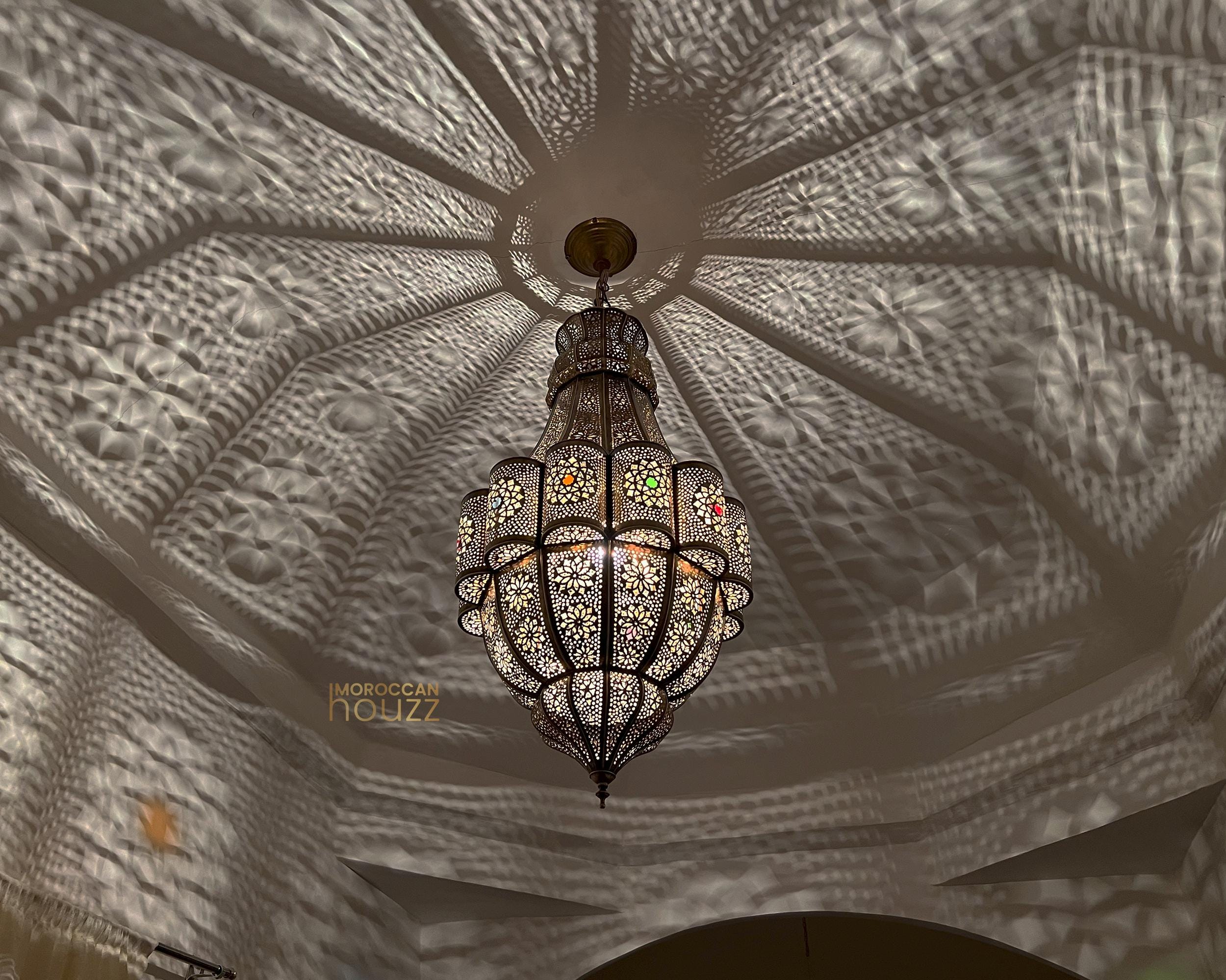 Large Moroccan Brass Pendant Light – Handmade Chandelier Ceiling Lamp W:35 x H:67 cm / Silver, image size:2500x2000