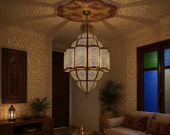 Large Moroccan Brass Chandelier, Grand Foyer Pendant Light, Luxury Entryway Ceiling Lamp
