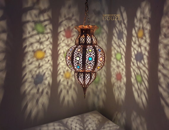 Colorful Moroccan Copper Glass lampshade - Handmade Hanging Marrakesh pendant Lamp, Arabian Copper lamp