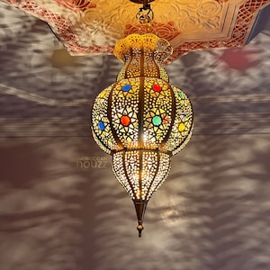Colorful Handmade Pendant Light - Moroccan Copper Brass and Glass lampshade - hanging pendant Moroccan Lamp, small chandelier