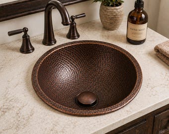 Round Hammered Copper Sink, Drop-In Bathroom Vessel Sink with Pop-Up Drain