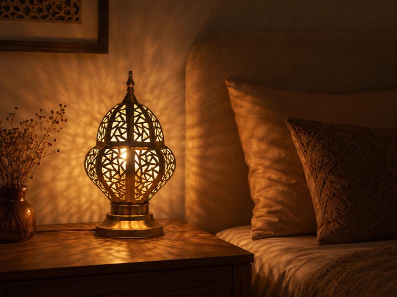 May include: A decorative brass table lamp with a geometric pattern, casting intricate shadows. The lamp is illuminated, creating a warm ambiance. It sits on a wooden nightstand next to a bed with pillows.
