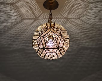 Geometric Moroccan Brass Pendant Light, Handmade Ceiling Lamp | Boho Lighting Fixture