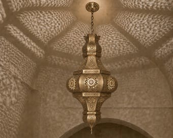 Large Moroccan Brass Pendant Light, Handmade Pierced Ceiling Lantern