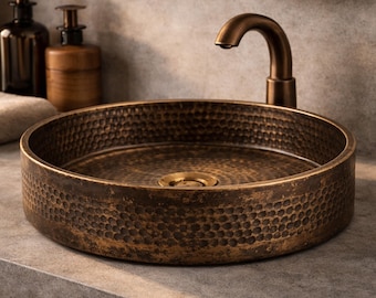 Antique Bronze Vessel Sink, Hammered Bathroom Basin, Handmade Round Brass Sink, Rustic Vanity Bowl