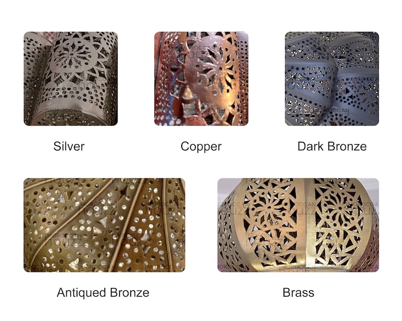 May include: Five different metal lanterns with intricate cut-out designs. The lanterns are in silver, copper, dark bronze, antiqued bronze, and brass.