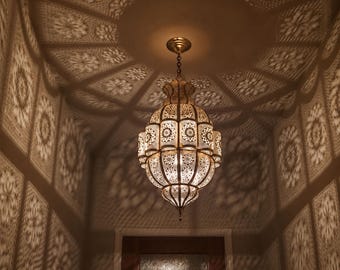 Large Moroccan Brass Pendant Light – Handmade Pierced Chandelier for Entryway