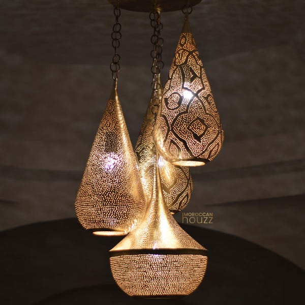 Moroccan cluster pendant Light, Brass Chandelier of 4 Hanging Moroccan Lamps