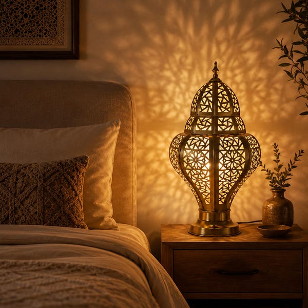 Moroccan Brass Table Lamp, Handmade Bedside Lantern with Shadow Light