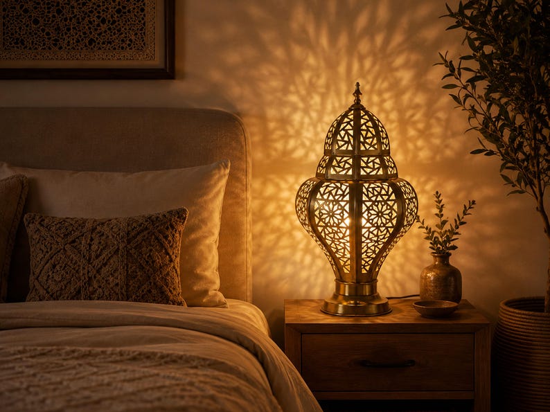 May include: A decorative brass table lamp with an intricate, openwork design, casting patterned light on the wall. The lamp sits on a wooden nightstand next to a bed with pillows and a patterned throw. A vase and plant are also on the nightstand.