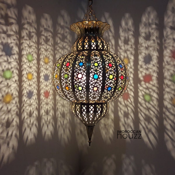 Classic Moroccan Colorful Ceiling Lamp, Marrakesh Hanging Pendant Lampshade lamp - Arabian Lighting Copper Brass glass Chandelier Lanterns