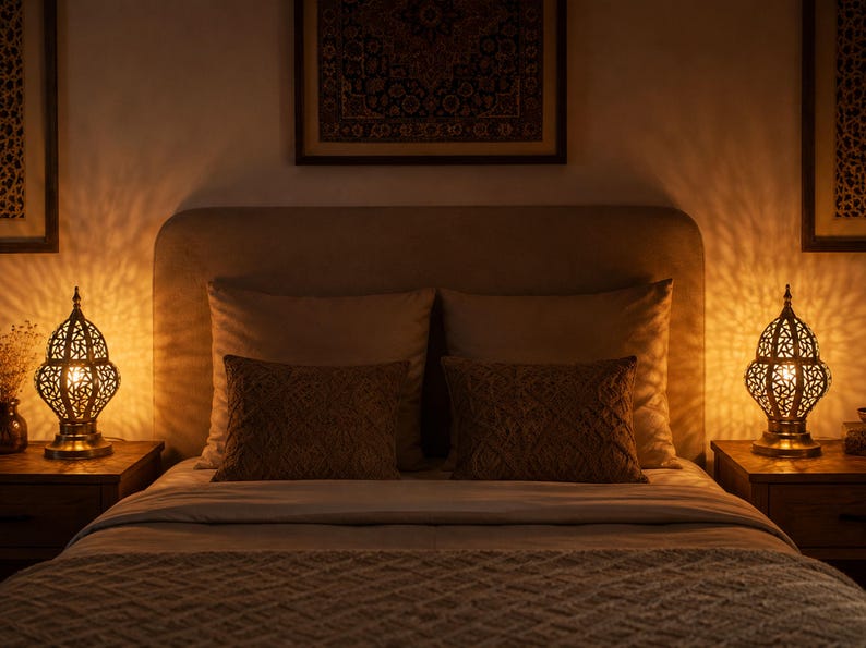 May include: A bedroom scene featuring a bed with a beige headboard, pillows, and a patterned blanket. Two ornate, gold-colored lamps with intricate cut-out designs sit on nightstands, casting warm light. Artwork hangs on the wall.