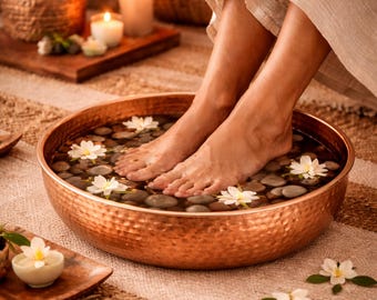 Hammered Copper Foot Soak Bowl, 40cm Pedicure Basin, Deep Spa Foot Bath