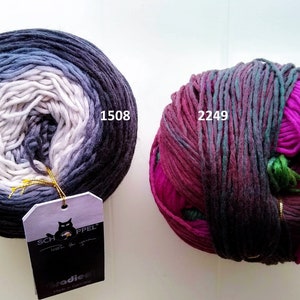 May include: Two skeins of yarn in gradient colors. The skein on the left is a gradient of dark gray to white to light gray. The skein on the right is a gradient of dark green to purple to pink. The skeins are labeled with the numbers 1508 and 2249.