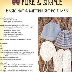 May include: Image of a knitting pattern for a basic hat and mitten set. The pattern includes instructions, abbreviations, and materials. The image shows a light blue hat, a striped hat, and a pair of mittens. The hat is 21 inches around.