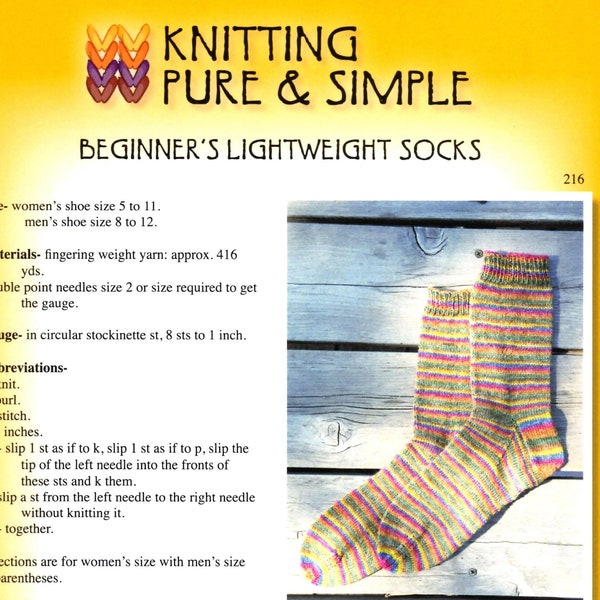 Beginner’s Lightweight Socks, Knitting Pure & Simple #216, adult socks pattern, men’s socks, women’s socks, fingering weight yarn