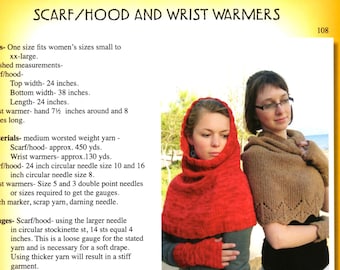 Scarf/Hood and Wrist Warmers Knitting Pure & Simple #108 knitting pattern, hooded capelet, wrist warmers/mitts, lace hem, worsted wt yarn