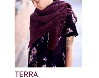 Terra, designed by Jared Flood, triangular shawl, garter stitch and lace border, worsted weight yarn, approx. 600 yds