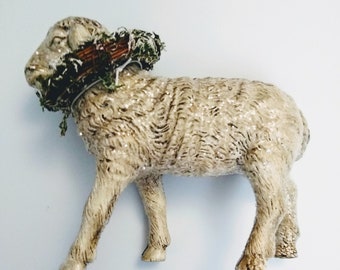 Christmas or Solstice Sheep with wreath figurine, primitive vintage style decoration, plastic with snowy glitter + wreath for winter display