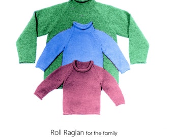 Roll Raglan for Family, pullover sweater pattern, child 1–14 yrs, adult 36–50", knit flat, seamed, worsted wt yarn, Yankee Knitter Design 21