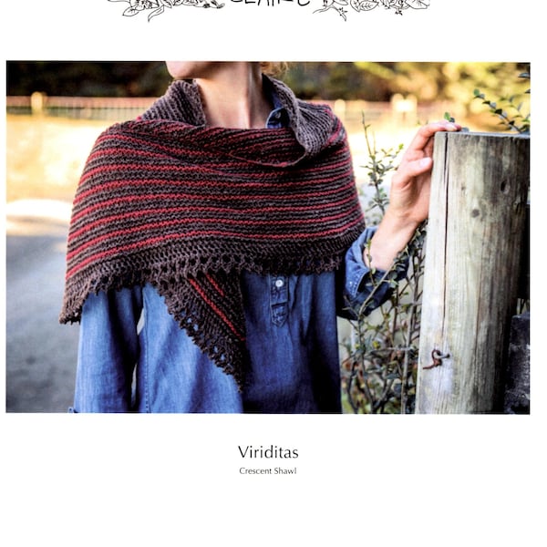 Viriditas, Annie Claire, Crescent Shawl, striped garter stitch, simple lace edging, short rows, knitting pattern, DK/light worsted wt yarn