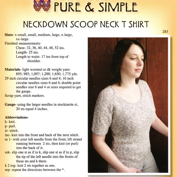 Neck Down Scoop Neck T-Shirt, Knitting Pure & Simple 283, women’s short-sleeved sweater, scoop neck, XS–XXL, DK or light worsted weight yarn