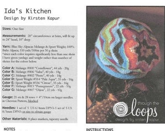 Ida’s Kitchen, Kirsten Kapur, hat knitting pattern, slouchy chevron pattern, many-colored hat, sport-DK yarn, one size will fit up to large