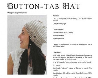 Button –Tab Hat,  Joji Locatelli, hat knitting pattern, knit pattern for striped beanie, loose hat, or slouchy beret