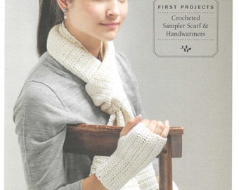 Crocheted Sampler Scarf & Handwarmers, beginner crochet pattern, by Churchmouse First Projects, basic crochet stitches