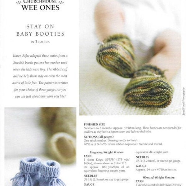 Stay-on Baby Booties, Churchmouse Yarns, knitting pattern, fingering, DK, or worsted weight yarn, 0 – 6 months size