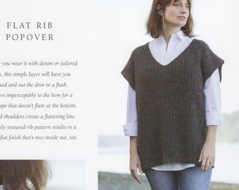 Flat Rib Popover, boxy pullover vest pattern, oversized, worked flat, seamed, ribbed, short rows, light worsted weight yarn, sizes 50 – 66”
