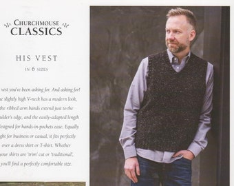 His Vest, knitting pattern, classic pullover V-neck vest, DK-weight yarn, sizes 40 – 55”,  Churchmouse Yarns and Teas