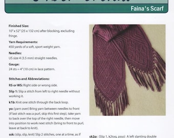 Faina’s Scarf,  knitting pattern, sport wt yarn, geometric lace pattern, charted and row-by-row text instructions, by Fiber Trends