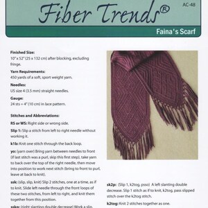 Faina’s Scarf,  knitting pattern, sport wt yarn, geometric lace pattern, charted and row-by-row text instructions, by Fiber Trends