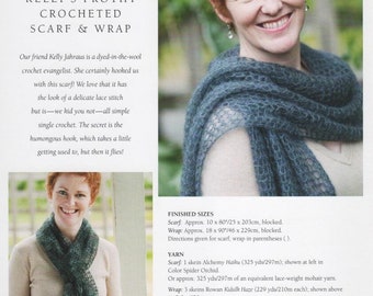 Kelly’s Frothy Crocheted Scarf & Wrap, single crochet pattern, lacy scarf, lace wt mohair yarn, size P crochet hook, Churchmouse Yarns