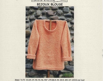 Bijoux Blouse, womens pullover knitting pattern, stockinette st, A-line, 3 qtr sleeves, worsted or chunky weight yarns, Oat Couture