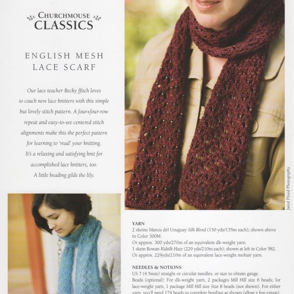 English Mesh Lace Scarf, printed knitting pattern, easy lace scarf pattern, beading optional,  lace wt mohair yarn, Churchmouse Yarns