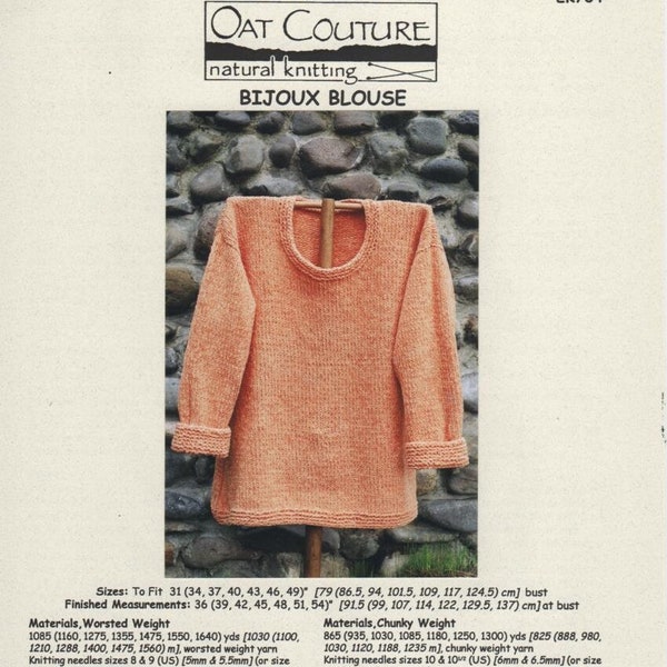 Bijoux Blouse, womens pullover knitting pattern, stockinette st, A-line, 3 qtr sleeves, worsted or chunky weight yarns, Oat Couture