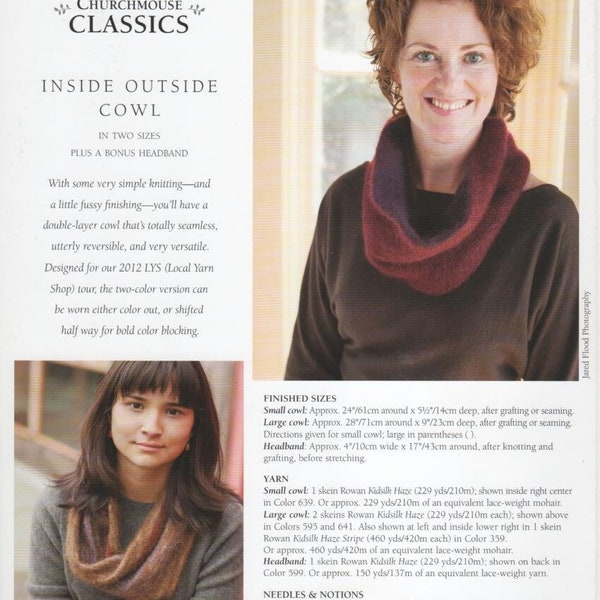 Inside Outside Cowl, knitting pattern,  stockinette, lace weight mohair yarn, warm lightweight cowl, Churchmouse Yarns