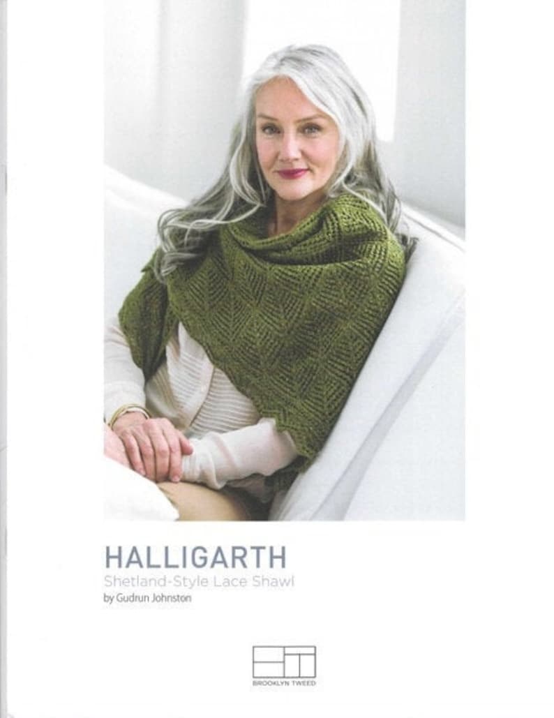 Halligarth, Gudrun Johnston, Brooklyn Tweed, Shetland triangle shawl, tree motif lace knitting, small-large, charted lace, knitting pattern image 1