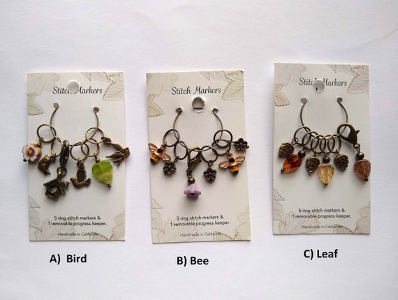 Beaded Ring Stitch Markers, Handmade in California, 5 Beaded Ring St Markers,  1 Locking St Marker, Knitting Stitch Markers 