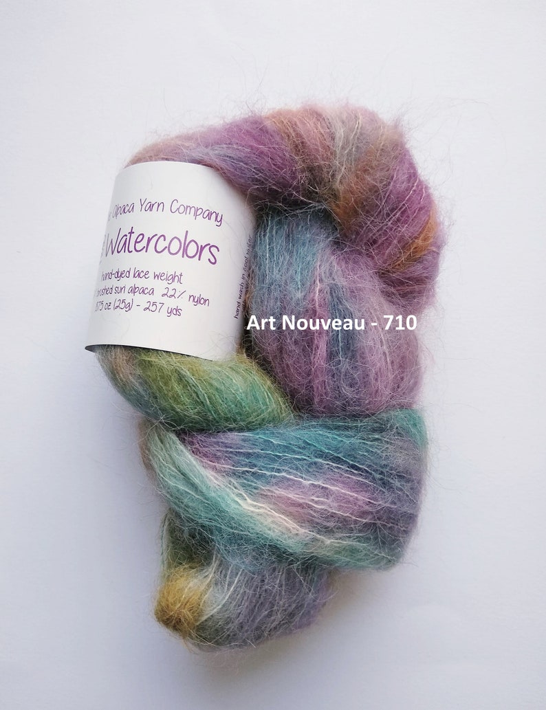 Alpaca Yarn Company, Halo Watercolors, hand-dyed, 257 yd/25g, lace weight yarn, Suri brushed Alpaca / Nylon, see also Halo solids Art Nouveau - 710
