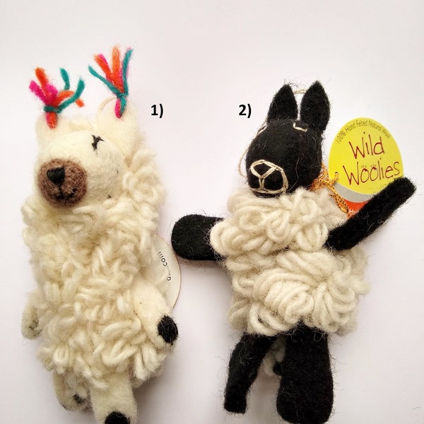 Fiber Animal Finger Puppets/Ornaments/KeyRings, party supplies, knitters, crafters, children, Fairtrade felt & knit sheep, llama, alpaca