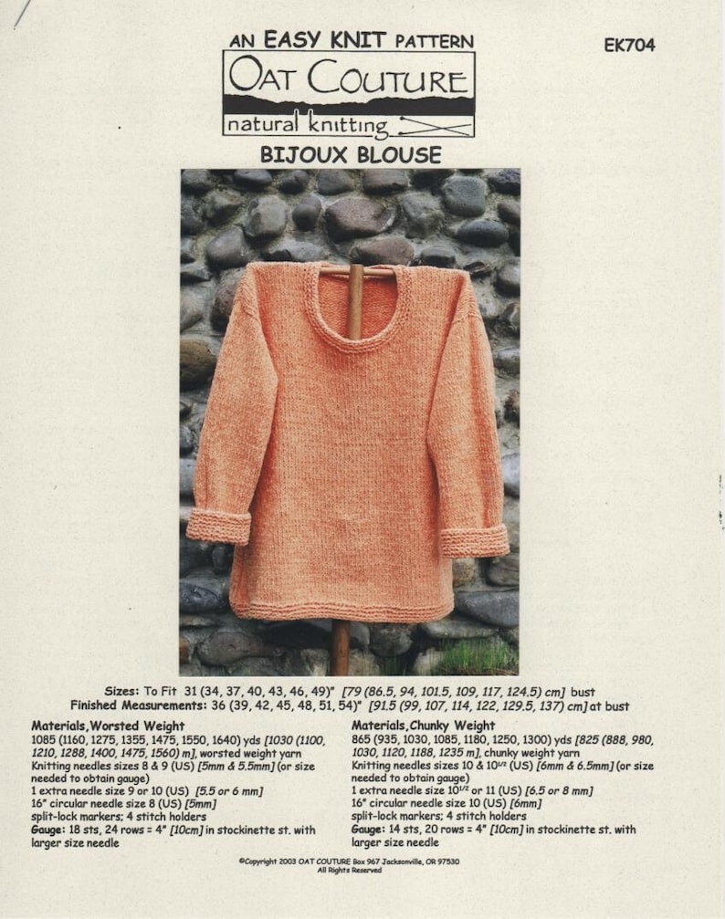 Bijoux Blouse, womens pullover knitting pattern, stockinette st, A-line, 3 qtr sleeves, worsted or chunky weight yarns, Oat Couture image 1